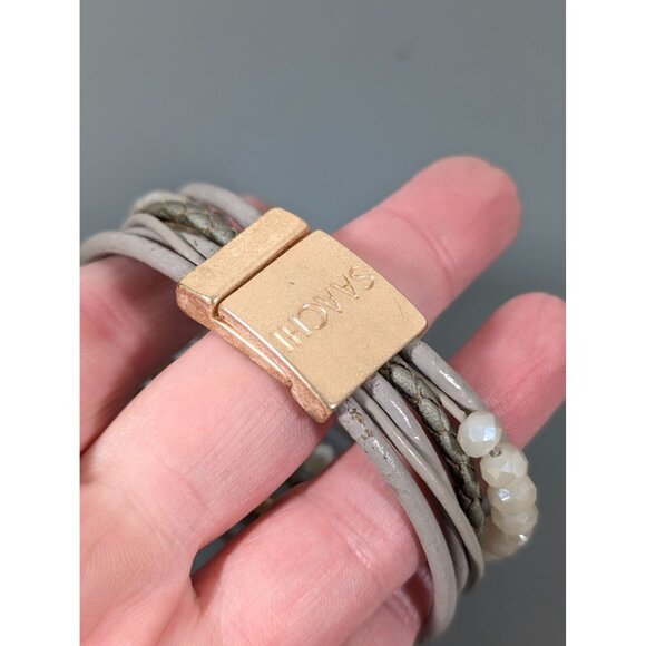 SAACHI Gold Tone Beige Gray Leather Glass Multi Cord Magnetic Bracelet 7" - Picture 7 of 10
